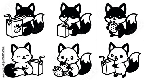 Black and white cute fox drinking juice box and holding strawberry vector art