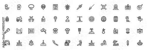 Pirate Life vector icon set. Nautical symbols pack featuring treasure, skull, ship, sword, map, anchor, parrot, cannon, hook and more. Editable stroke.