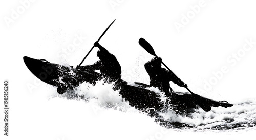 A black and white silhouette of two kayakers paddling through rough waters