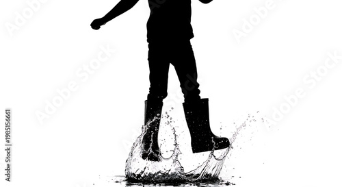 A black silhouette of a person wearing rain boots splashing in a puddle of water on a white background