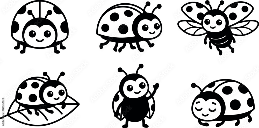 Fototapeta premium Black and white cartoon style ladybugs and bee with smiling faces vector art