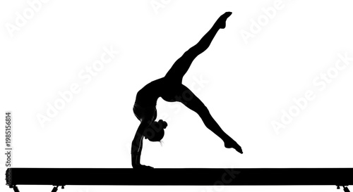 A gymnast performs a handstand on a balance beam in a sleek black silhouette against a white background