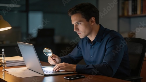 Businessman examining laptop with magnifying glass at office desk at night, focused on detail-oriented work, symbolizing research and analysis in corporate environment.