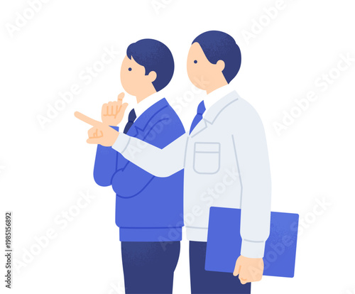 同じ方向を見て確認と相談をする2人 作業服を着た男性の横顔 ベクターイラスト素材