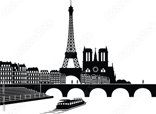 Paris skyline with Eiffel Tower, Notre Dame, bridge, river, and boat illustration
