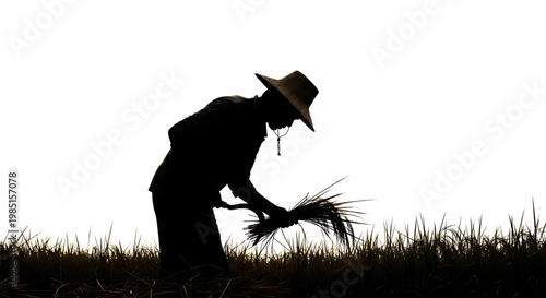 A silhouette of a farmer working in a field with a hat on a bright background