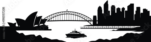 Urban skyline black silhouette vector with shell roof opera house, arch bridge