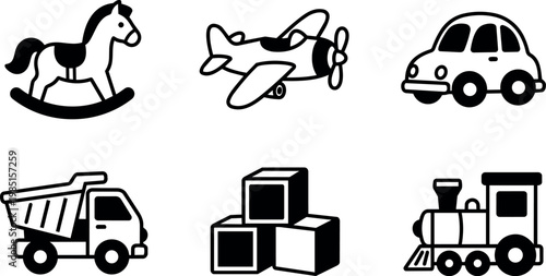 Black and white toy rocking horse airplane car truck blocks and train line art vector