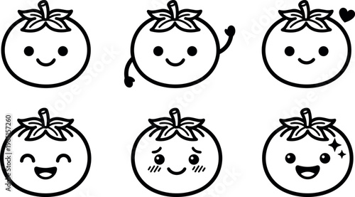 Black and white cute tomato faces with varied emotions and gestures vector art