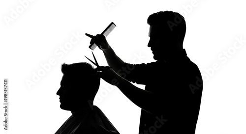 A silhouette of a barber cutting a man's hair with scissors and a comb
