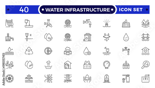 Water Infrastructure and Urban Utility Outline Icon set. A Professional Vector Set Featuring Plumbing Systems, Filtration, Drainage, Public Services, and Maintenance.