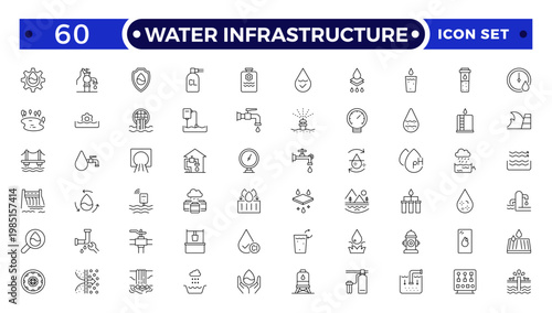 Water Infrastructure and Urban Utility Outline Icon set. A Professional Vector Set Featuring Plumbing Systems, Filtration, Drainage, Public Services, and Maintenance.