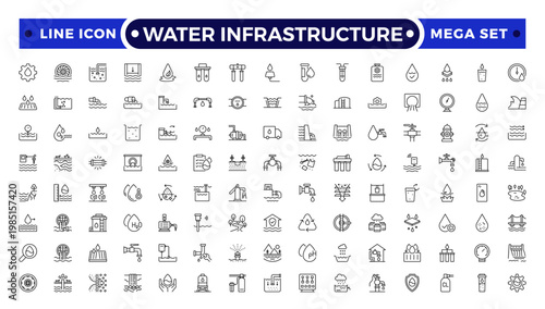 Water Infrastructure and Urban Utility Outline Icon set. A Professional Vector Set Featuring Plumbing Systems, Filtration, Drainage, Public Services, and Maintenance.