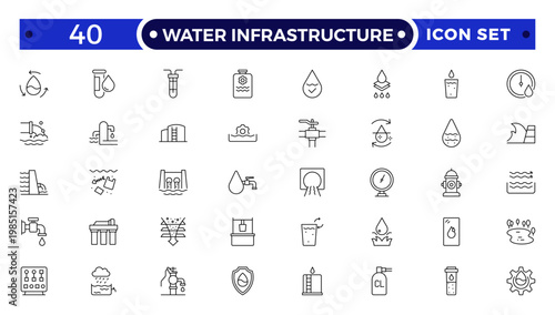 Water Infrastructure and Urban Utility Outline Icon set. A Professional Vector Set Featuring Plumbing Systems, Filtration, Drainage, Public Services, and Maintenance.