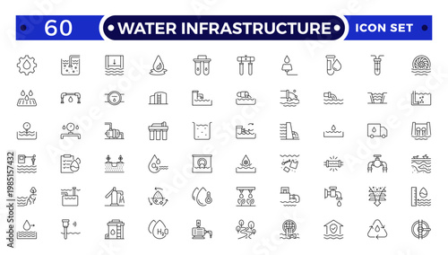 Water Infrastructure and Urban Utility Outline Icon set. A Professional Vector Set Featuring Plumbing Systems, Filtration, Drainage, Public Services, and Maintenance.