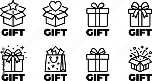 Black and white gift icons with stars hearts and bows in boxes and bags