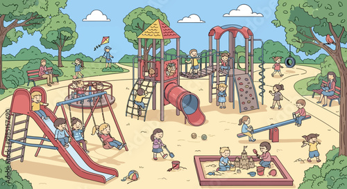 Children enjoy various activities at a sunny park playground.