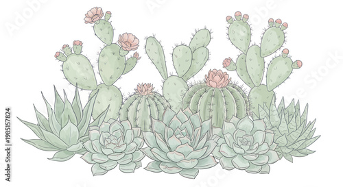 Desert Succulent Garden Illustration - Various Cacti and Echeveria Plants