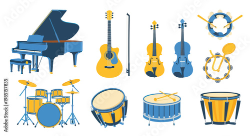 Diverse Musical Instruments Collection: Piano, Guitar, Violin, Drums, Percussion