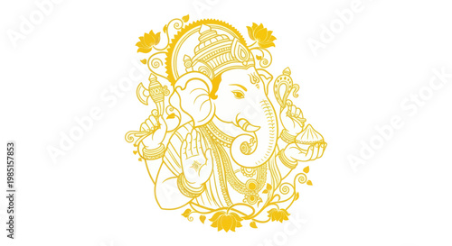 Ganesha Elephant God Illustration - Golden Outline on White Background
