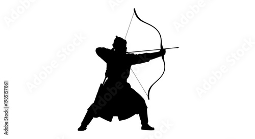 A black silhouette of a person aiming a bow and arrow in a dynamic stance