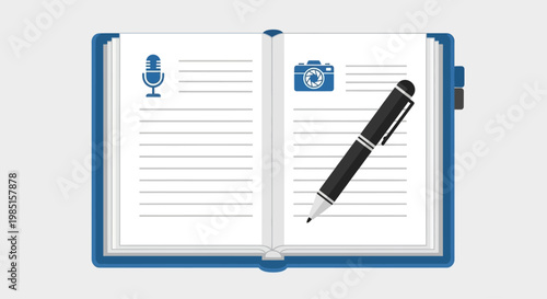 Open journal with microphone and camera icons and a pen.