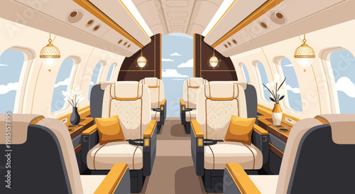Luxury private jet interior, first class cabin, comfortable seating, travel concept