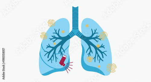 Illustration of lungs with an asthma inhaler and symptoms