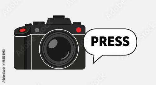 Digital camera with a speech bubble that says PRESS