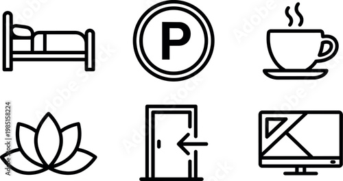 Black and white line art set of six icons including bed parking coffee lotus door and monitor