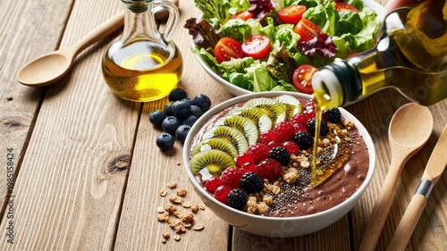 Healthy breakfast smoothie bowl with fresh fruits and vegetable salad on a rustic wooden table