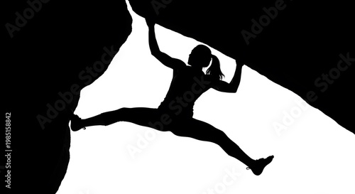 A woman in a dynamic pose climbing a cliff in a black and white silhouette vector graphic