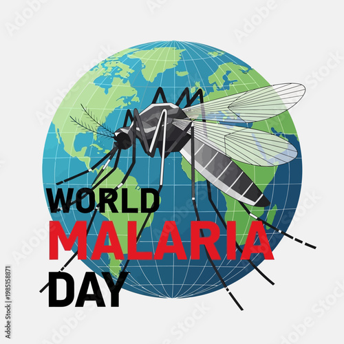 World Malaria Day Awareness Graphic featuring a Mosquito superimposed on a globe, promoting global health initiatives and mosquito control efforts