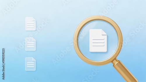 Golden magnifying glass focusing on a document icon, with other file icons in the background. Represents research, analysis, and information retrieval conceptually.