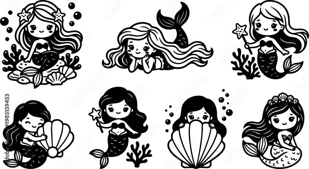 Fototapeta premium Black and white cute mermaid cartoon characters with shells and starfish