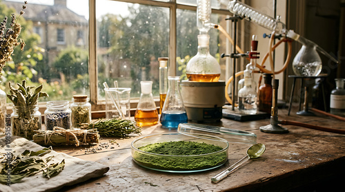 Herbal preparations and scientific glassware arranged on a rustic wooden table by a sunlit window, botanical ingredients, chemical instruments, green powder.