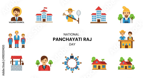 A vector illustration featuring icons representing India's National Panchayati Raj Day, depicting village council members, rural development, and local governance, all set against a clean