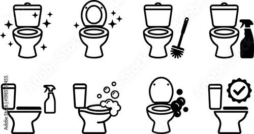 Black and white toilet icons with cleaning brush spray and sparkle effects
