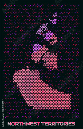Northwest Territories digital style hexagon map. Vibrant magenta purple pink neon dotted shape. Province tiny bright hexagon cells. Northwest Territories honeycomb map design.