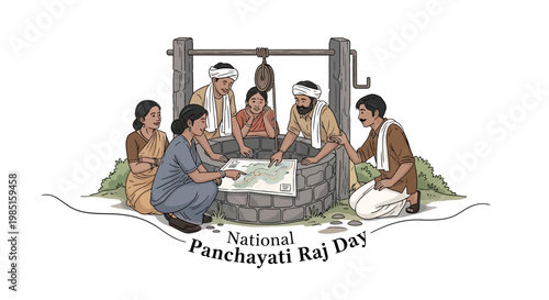 Detailed vector illustration commemorating National Panchayati Raj Day, depicting a village council gathered around a well, examining a map in a symbolic representation of local governance