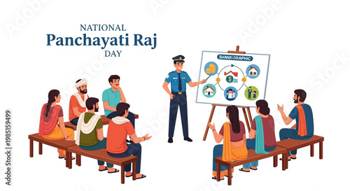 On National Panchayati Raj Day, a policeman is shown leading a discussion with local villagers about rural development india and village council india in a lighthearted illustration