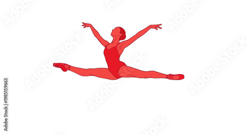 Ballerina performing a split leap in red leotard and pointe shoes, isolated on white