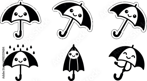 Black and white smiling umbrella icons with raindrops and happy faces
