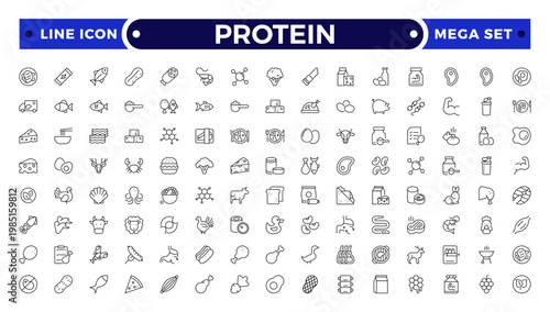 Protein icon collection. Nutrition and Healthy Food Outline Icon Set. A Professional Vector Set Featuring Balanced Diet Planning, Essential Nutrients, Food Groups, and Wellness Symbols.