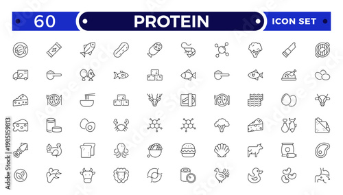 Protein icon collection. Nutrition and Healthy Food Outline Icon Set. A Professional Vector Set Featuring Balanced Diet Planning, Essential Nutrients, Food Groups, and Wellness Symbols.