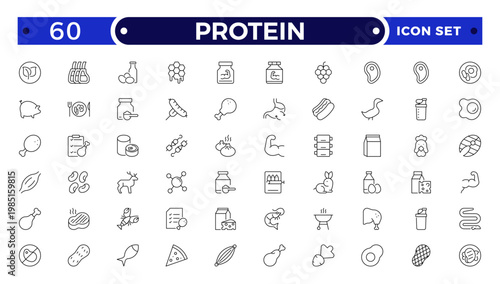 Protein icon collection. Nutrition and Healthy Food Outline Icon Set. A Professional Vector Set Featuring Balanced Diet Planning, Essential Nutrients, Food Groups, and Wellness Symbols.