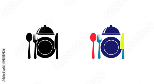 Restaurant Icon Set: Black Silhouette and Colorful Icons of Tableware
