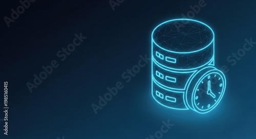 Digital Server Network Database with Neon Blue Wireframe Glow on Dark Background