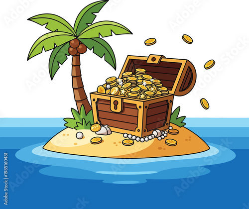 Cartoon Treasure Chest Full of Gold Coins on a Desert Island.