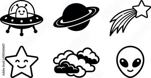 Black and white space icons including alien spaceship smiling star and planet ring